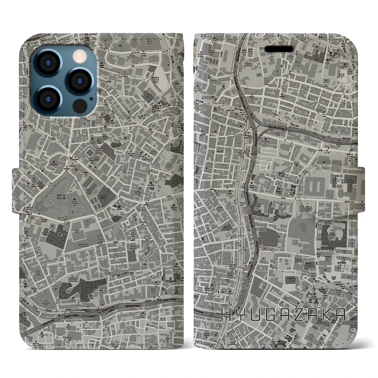 【日向坂(東京都)】地図柄iPhoneケース(手帳タイプ)モノトーン・iPhone 12 / 12 Pro 用