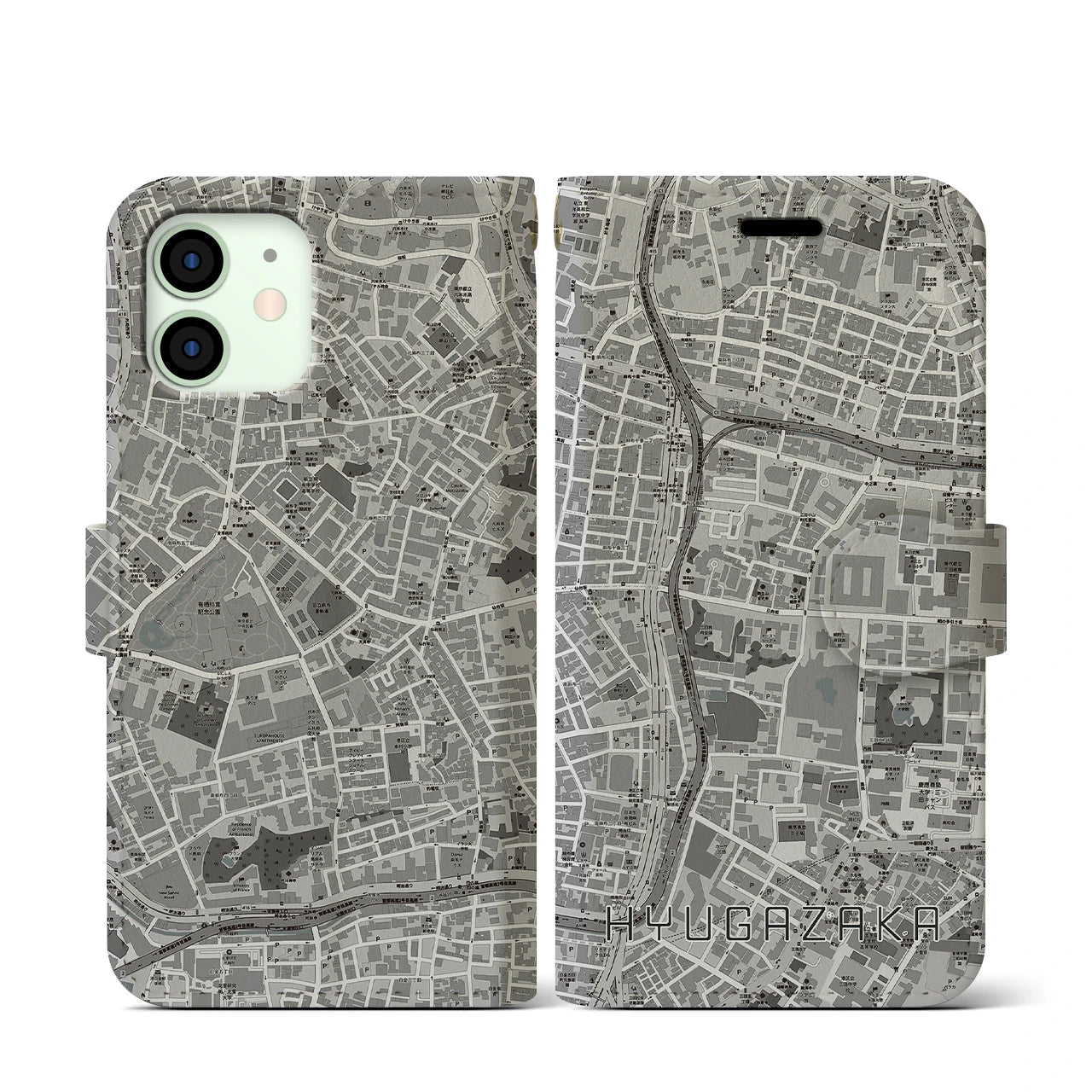 【日向坂(東京都)】地図柄iPhoneケース(手帳タイプ)モノトーン・iPhone 12 mini 用