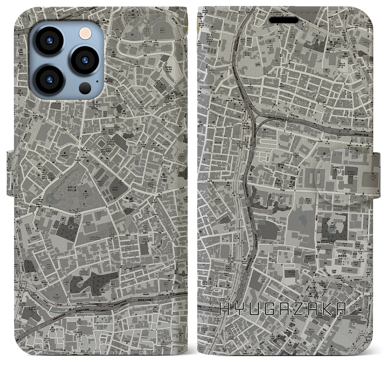 【日向坂(東京都)】地図柄iPhoneケース(手帳タイプ)モノトーン・iPhone 13 Pro Max 用
