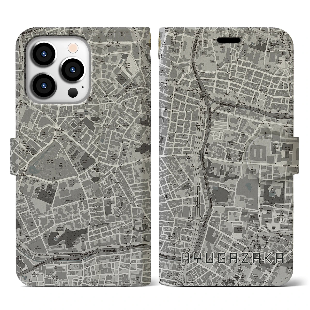 【日向坂(東京都)】地図柄iPhoneケース(手帳タイプ)モノトーン・iPhone 13 Pro 用