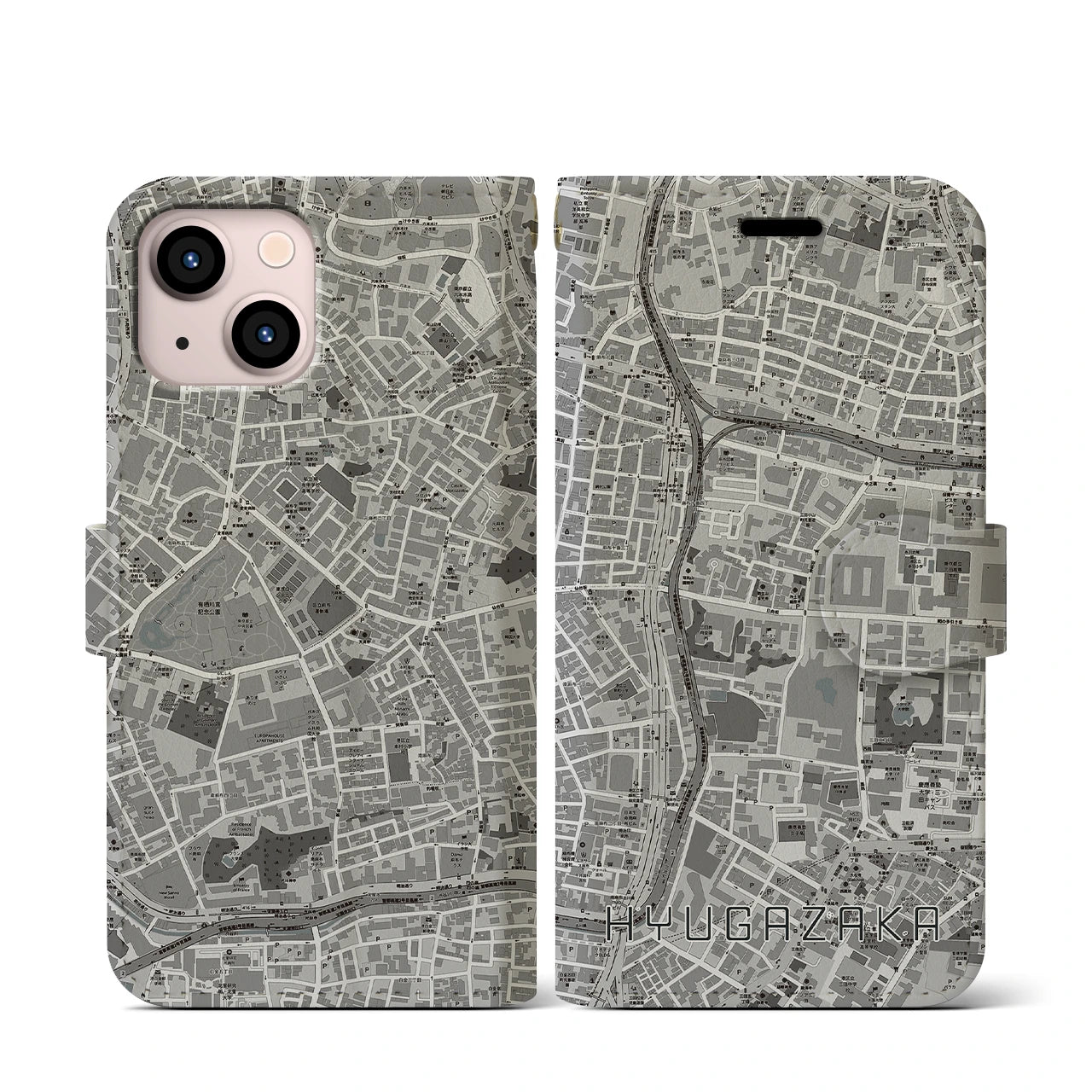 【日向坂(東京都)】地図柄iPhoneケース(手帳タイプ)モノトーン・iPhone 13 mini 用