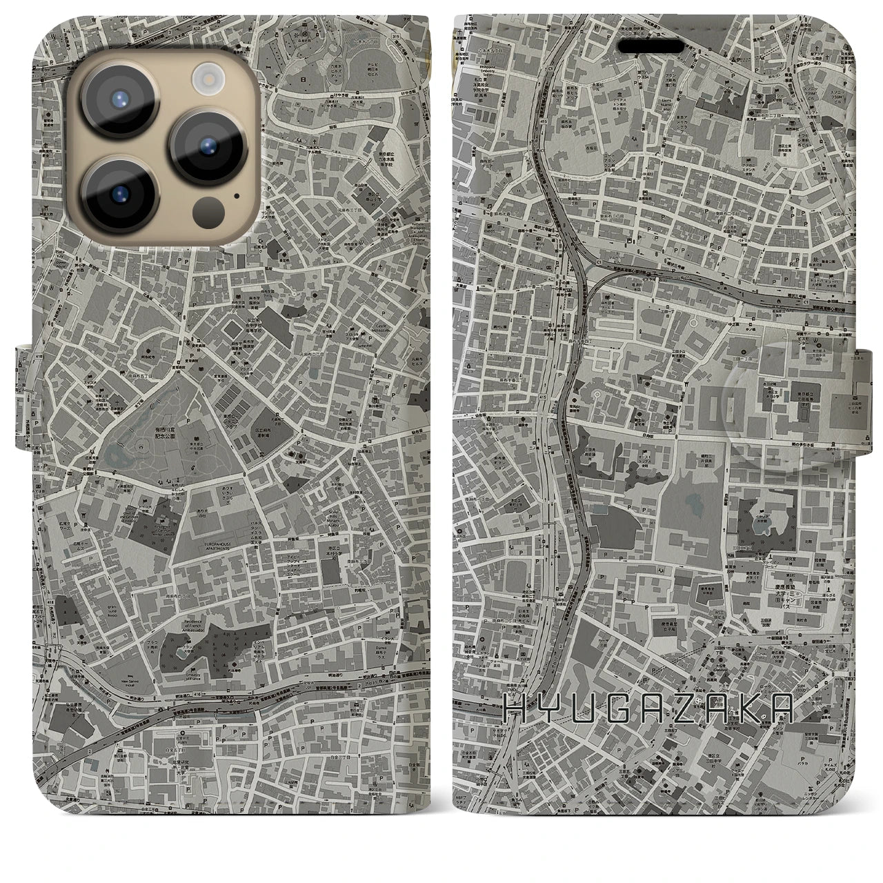 【日向坂(東京都)】地図柄iPhoneケース(手帳タイプ)モノトーン・iPhone 14 Pro Max 用
