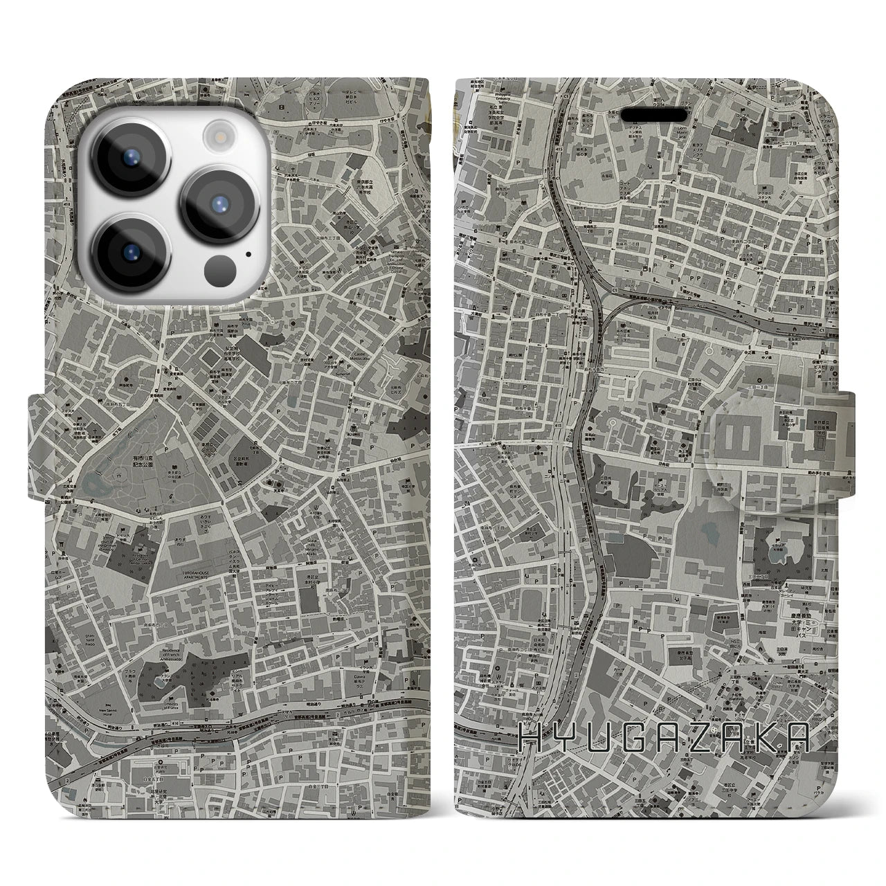 【日向坂(東京都)】地図柄iPhoneケース(手帳タイプ)モノトーン・iPhone 14 Pro 用