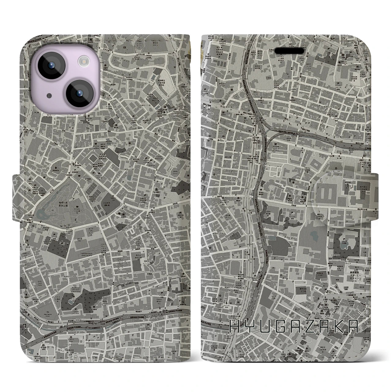 【日向坂(東京都)】地図柄iPhoneケース(手帳タイプ)モノトーン・iPhone 14 用