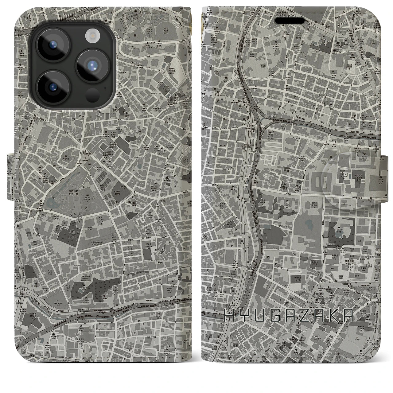 【日向坂(東京都)】地図柄iPhoneケース(手帳タイプ)モノトーン・iPhone 15 Pro Max 用