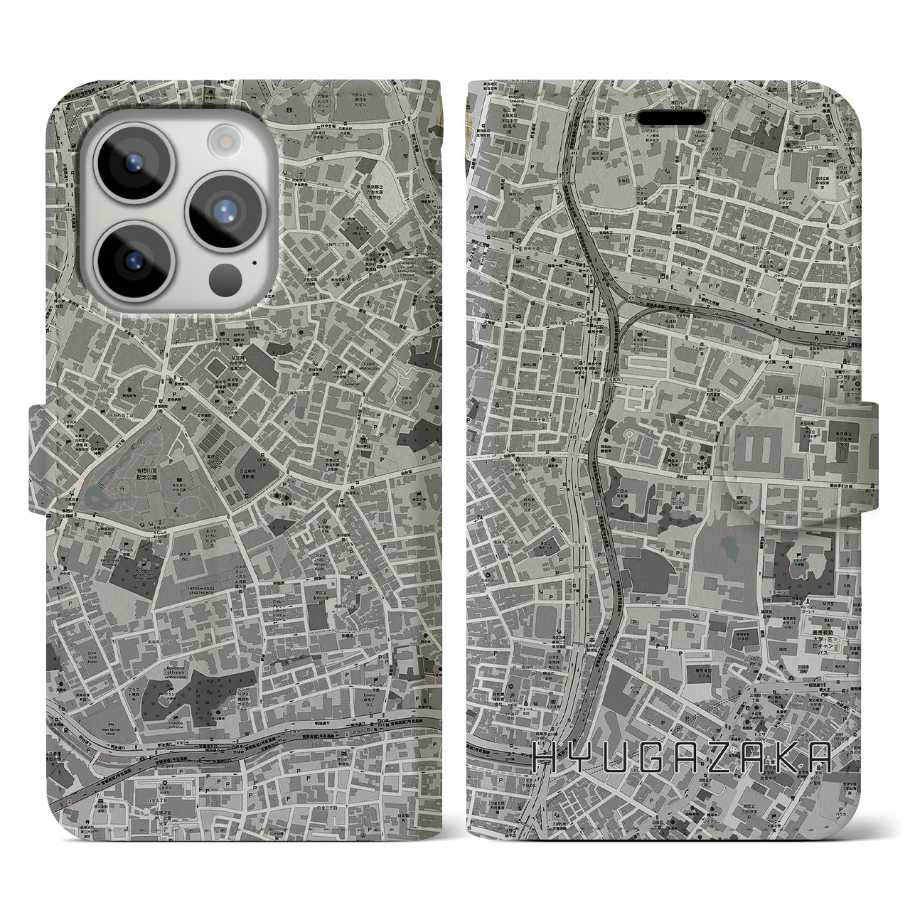 【日向坂(東京都)】地図柄iPhoneケース(手帳タイプ)モノトーン・iPhone 15 Pro 用