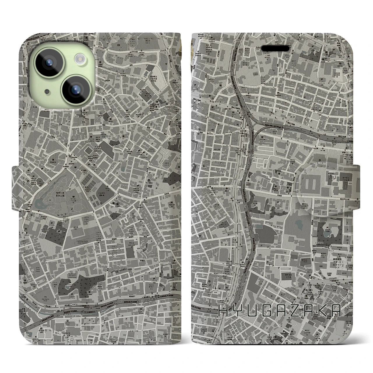 【日向坂(東京都)】地図柄iPhoneケース(手帳タイプ)モノトーン・iPhone 15 用