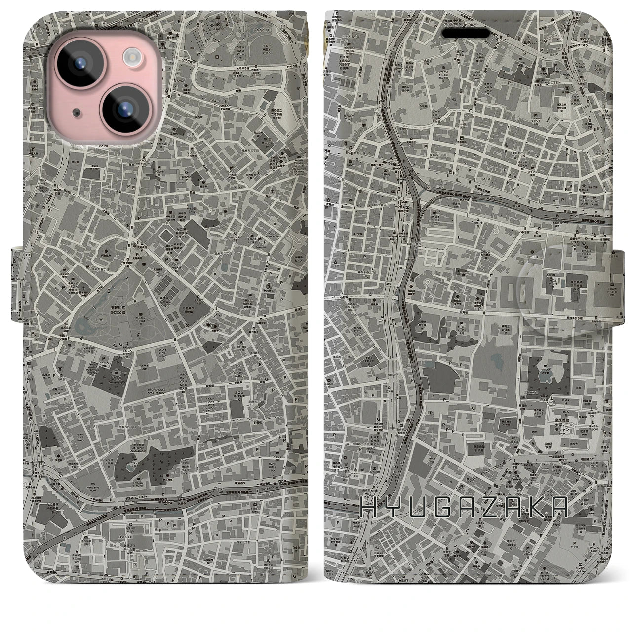 【日向坂(東京都)】地図柄iPhoneケース(手帳タイプ)モノトーン・iPhone 15 Plus 用