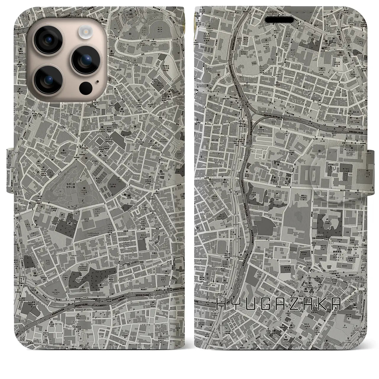 【日向坂(東京都)】地図柄iPhoneケース(手帳タイプ)モノトーン・iPhone 16 Plus 用