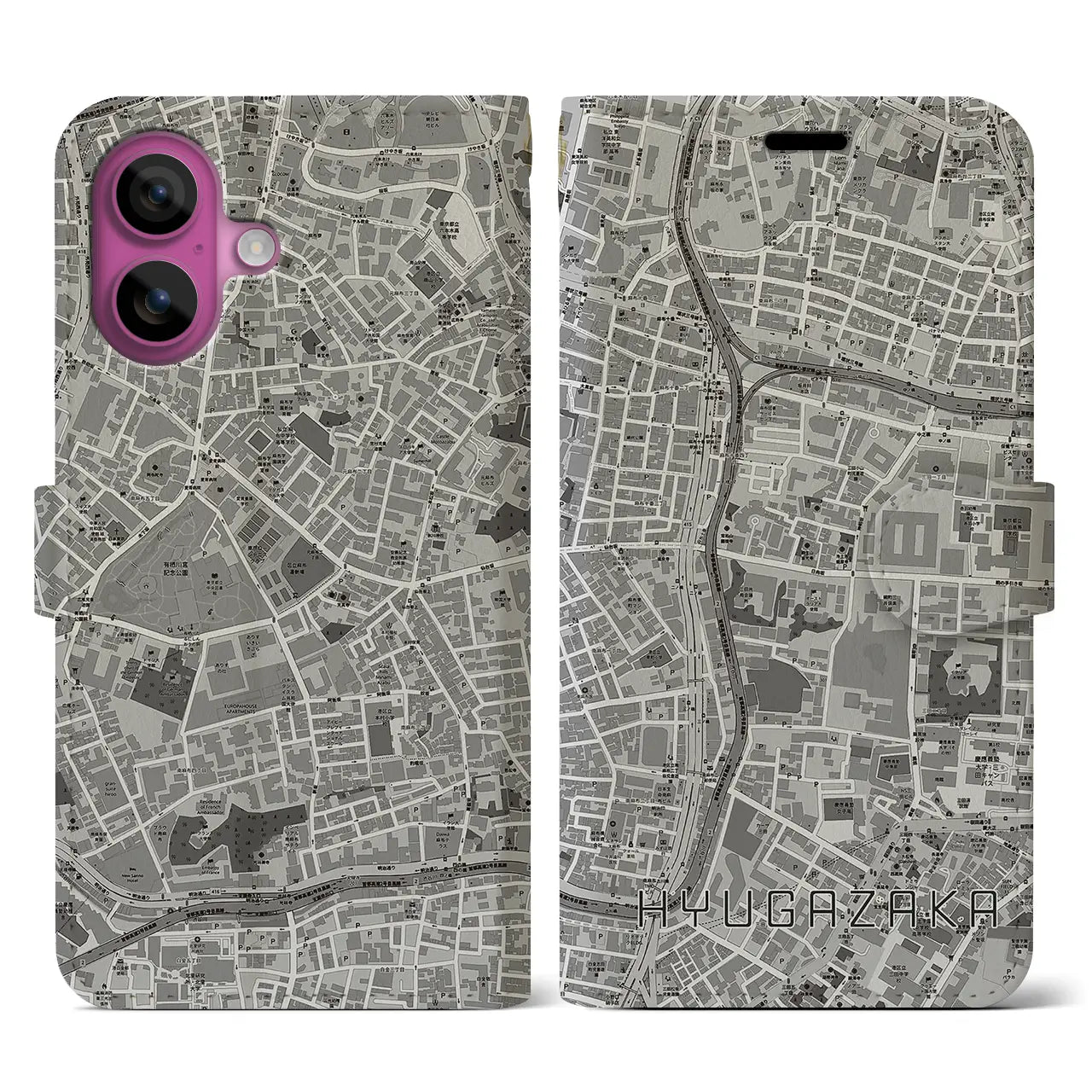 【日向坂(東京都)】地図柄iPhoneケース(手帳タイプ)モノトーン・iPhone 16 Pro 用