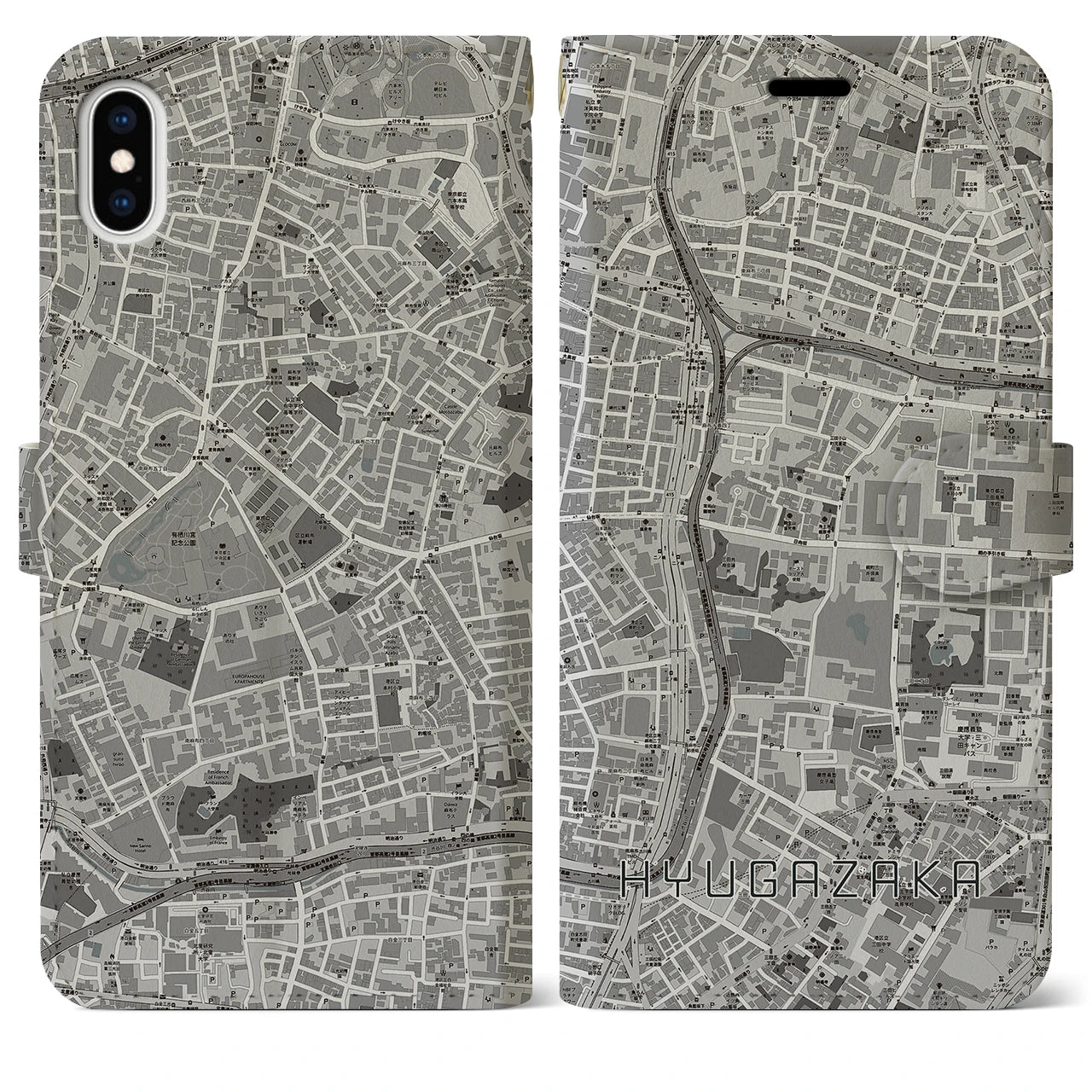 【日向坂(東京都)】地図柄iPhoneケース(手帳タイプ)モノトーン・iPhone XS Max 用