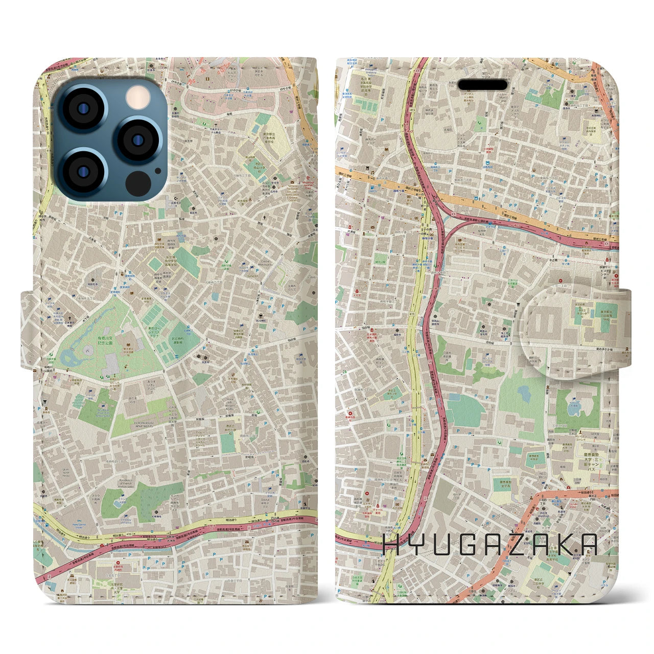 【日向坂(東京都)】地図柄iPhoneケース(手帳タイプ)ナチュラル・iPhone 12 / 12 Pro 用