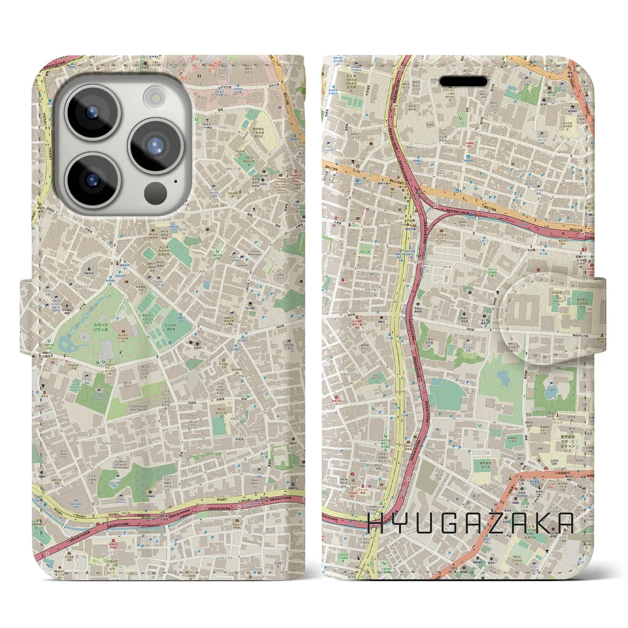 【日向坂(東京都)】地図柄iPhoneケース(手帳タイプ)ナチュラル・iPhone 15 Pro 用