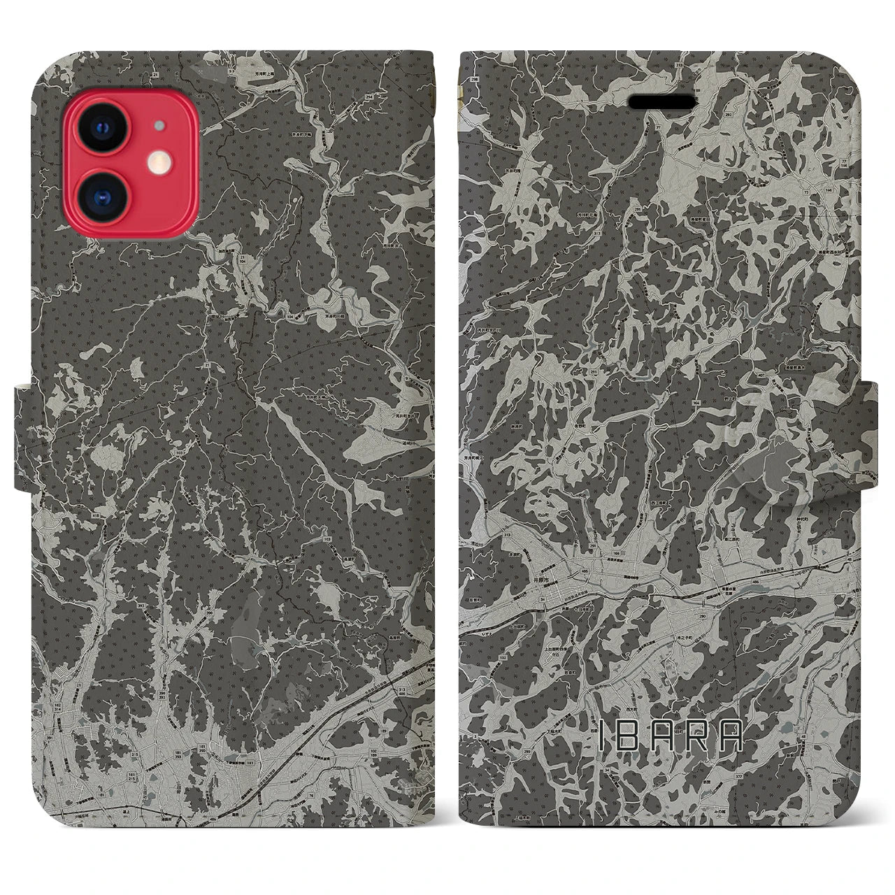 【井原(岡山県)】地図柄iPhoneケース(手帳タイプ)モノトーン・iPhone 11 用