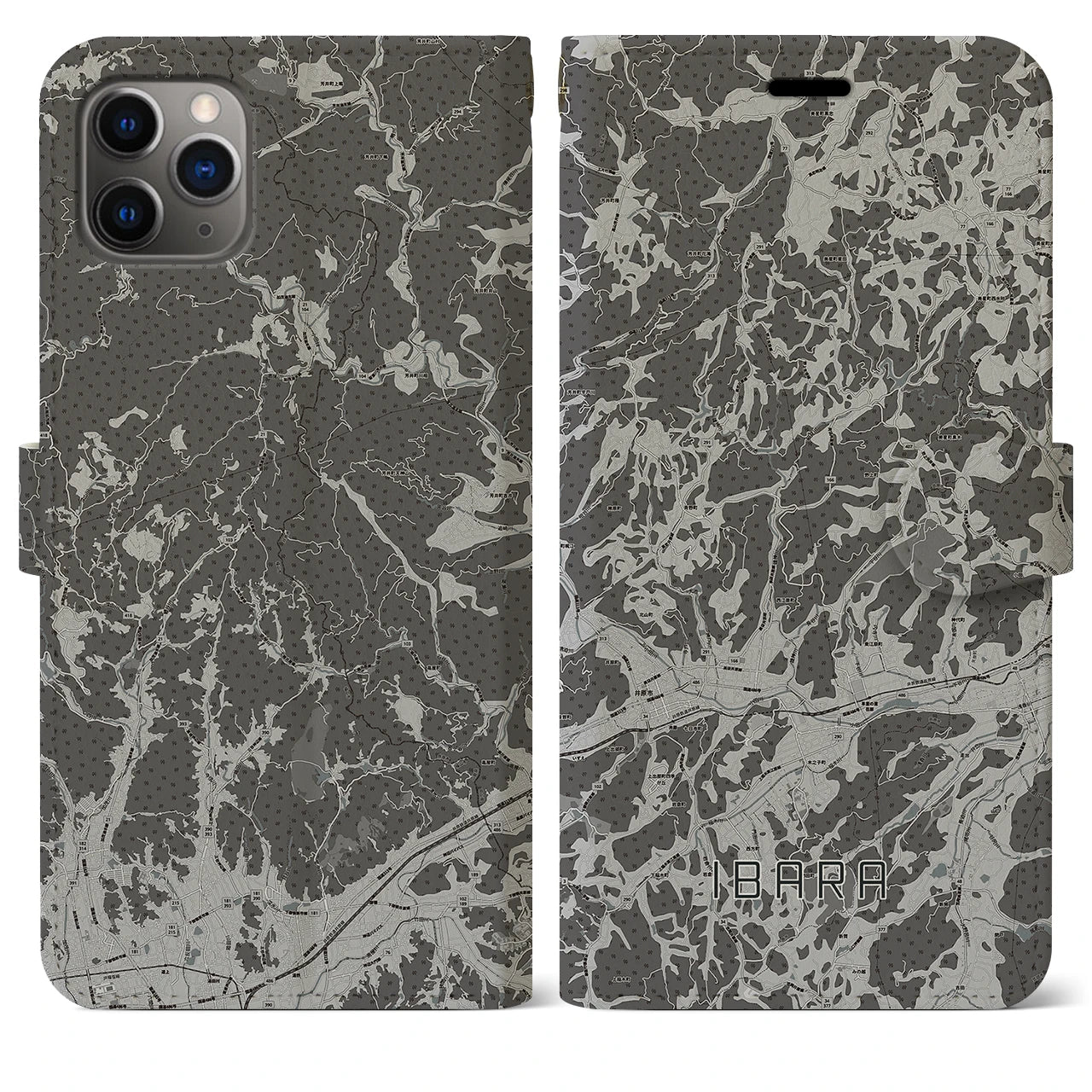 【井原(岡山県)】地図柄iPhoneケース(手帳タイプ)モノトーン・iPhone 11 Pro Max 用