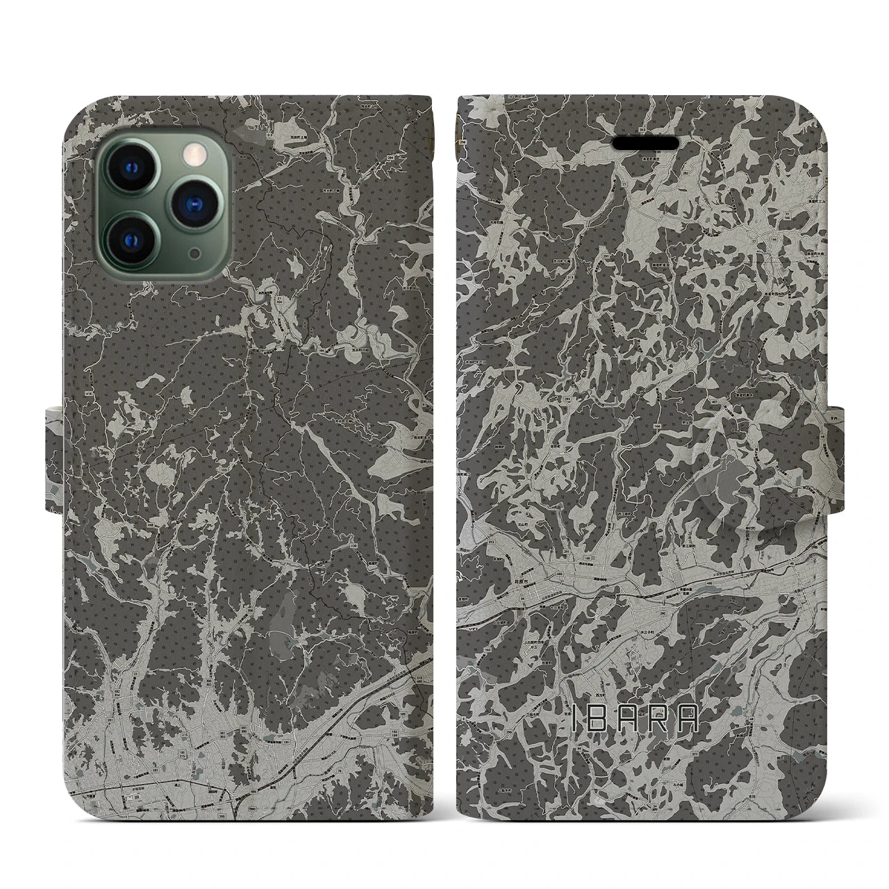 【井原(岡山県)】地図柄iPhoneケース(手帳タイプ)モノトーン・iPhone 11 Pro 用