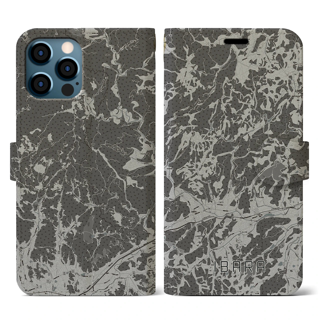 【井原(岡山県)】地図柄iPhoneケース(手帳タイプ)モノトーン・iPhone 12 / 12 Pro 用