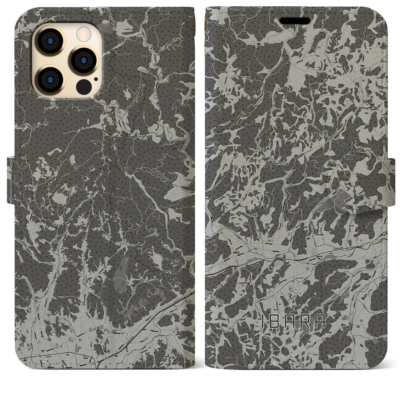 【井原(岡山県)】地図柄iPhoneケース(手帳タイプ)モノトーン・iPhone 12 Pro Max 用
