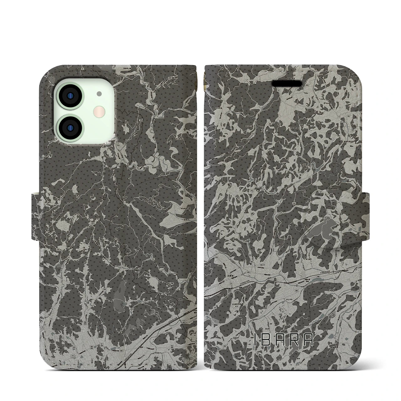 【井原(岡山県)】地図柄iPhoneケース(手帳タイプ)モノトーン・iPhone 12 mini 用