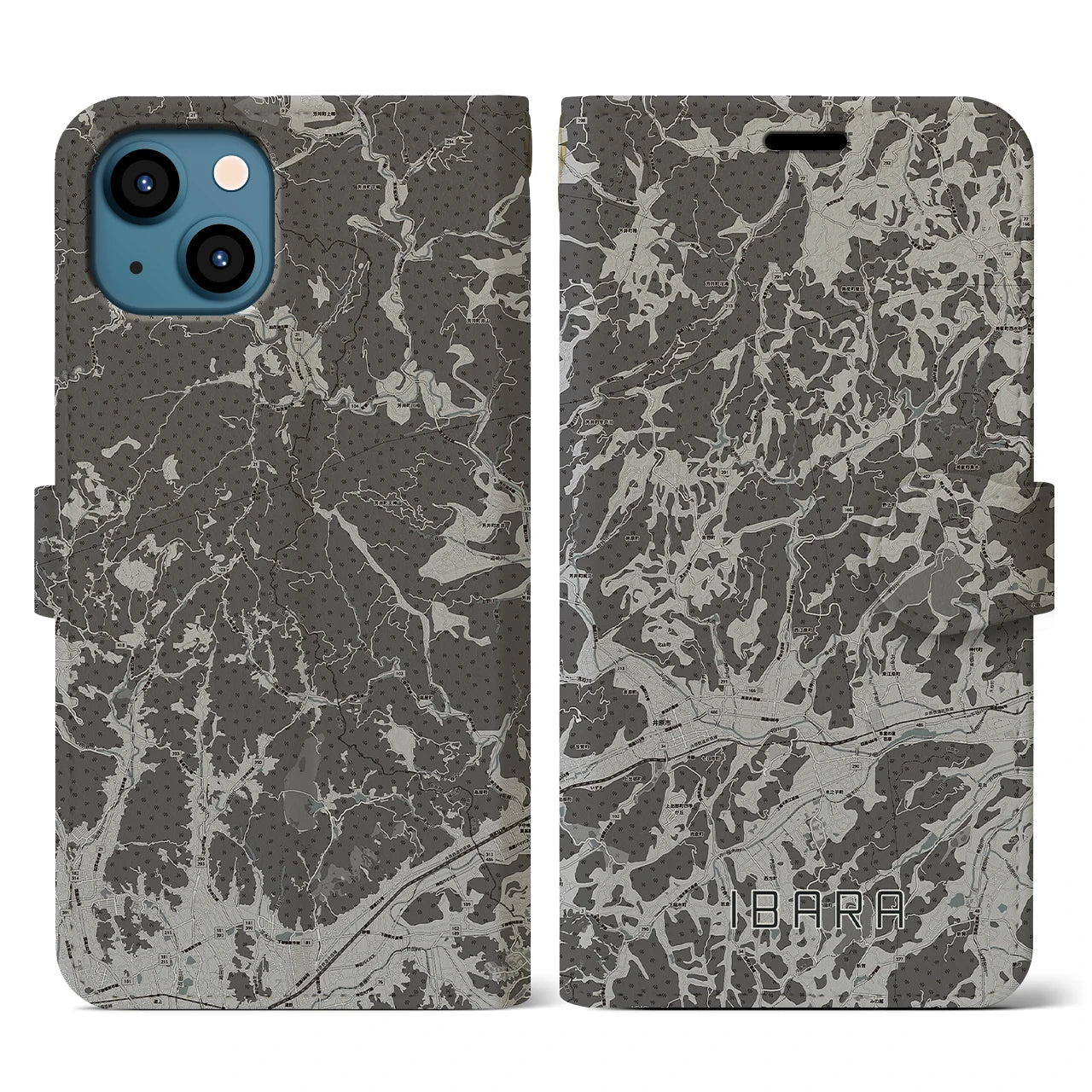 【井原(岡山県)】地図柄iPhoneケース(手帳タイプ)モノトーン・iPhone 13 用