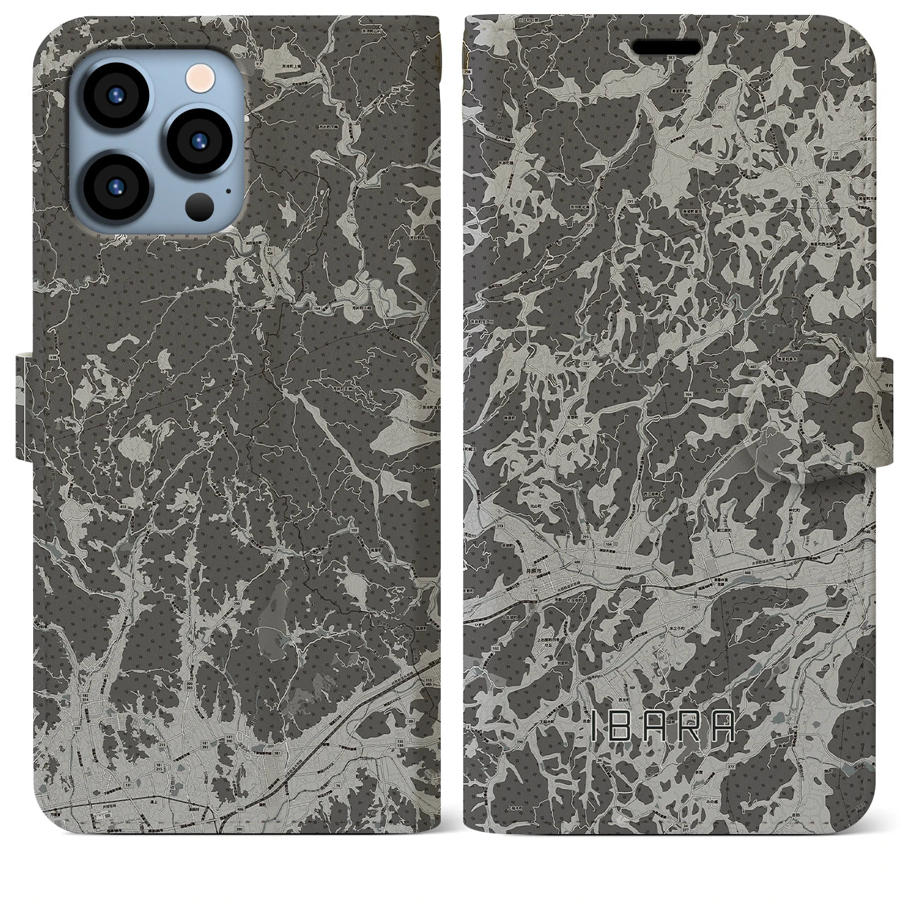 【井原(岡山県)】地図柄iPhoneケース(手帳タイプ)モノトーン・iPhone 13 Pro Max 用