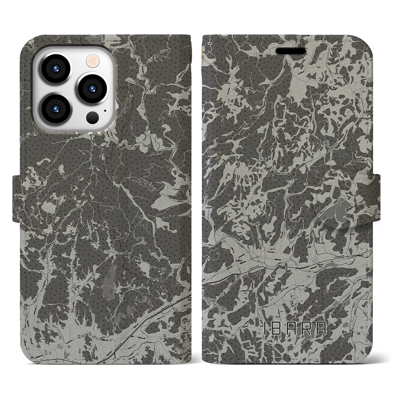 【井原(岡山県)】地図柄iPhoneケース(手帳タイプ)モノトーン・iPhone 13 Pro 用