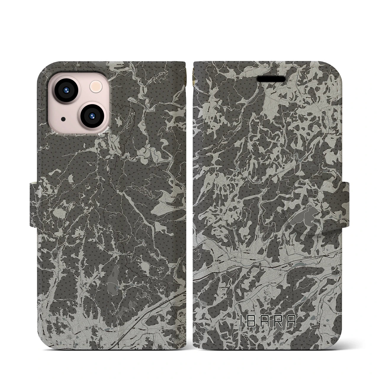 【井原(岡山県)】地図柄iPhoneケース(手帳タイプ)モノトーン・iPhone 13 mini 用