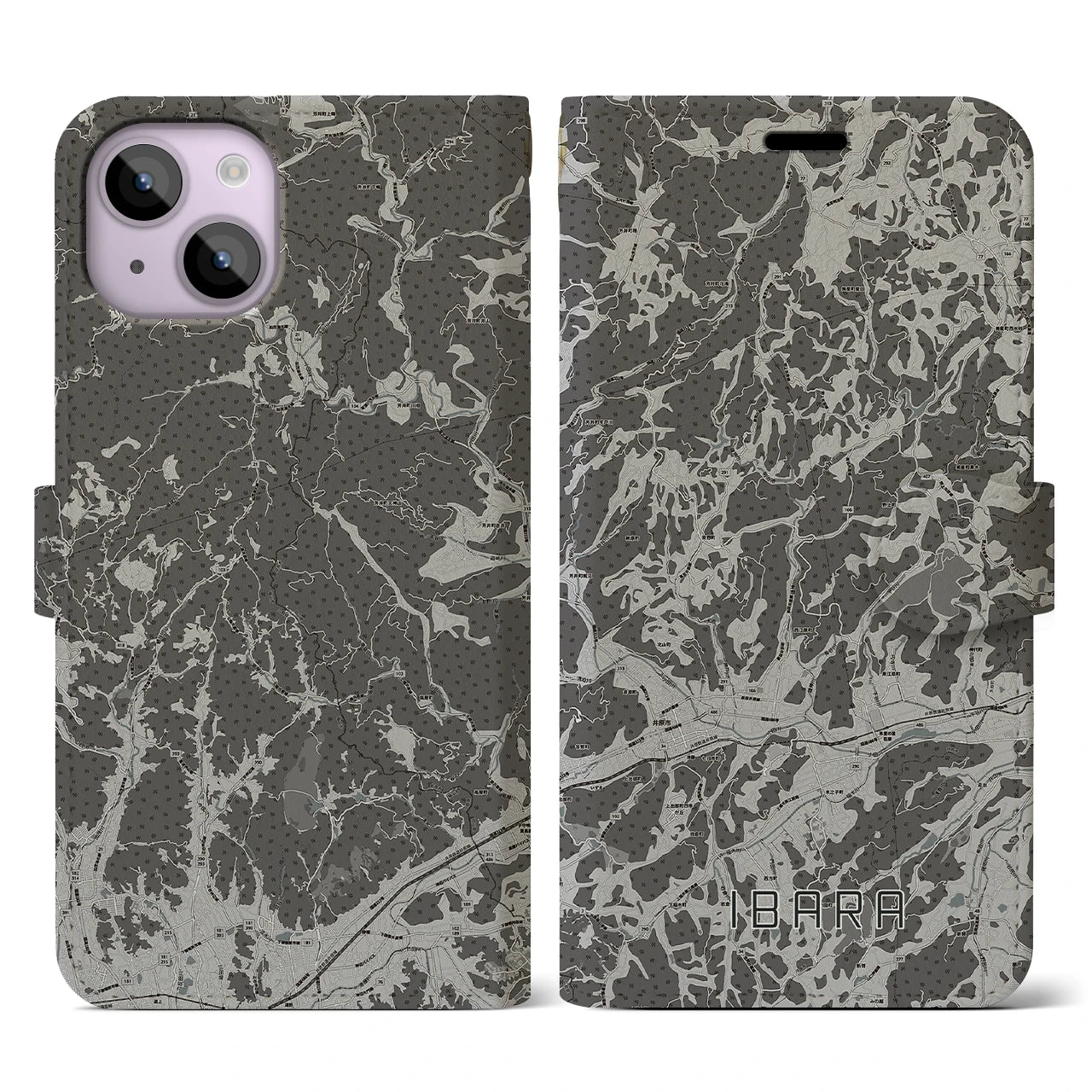 【井原(岡山県)】地図柄iPhoneケース(手帳タイプ)モノトーン・iPhone 14 用