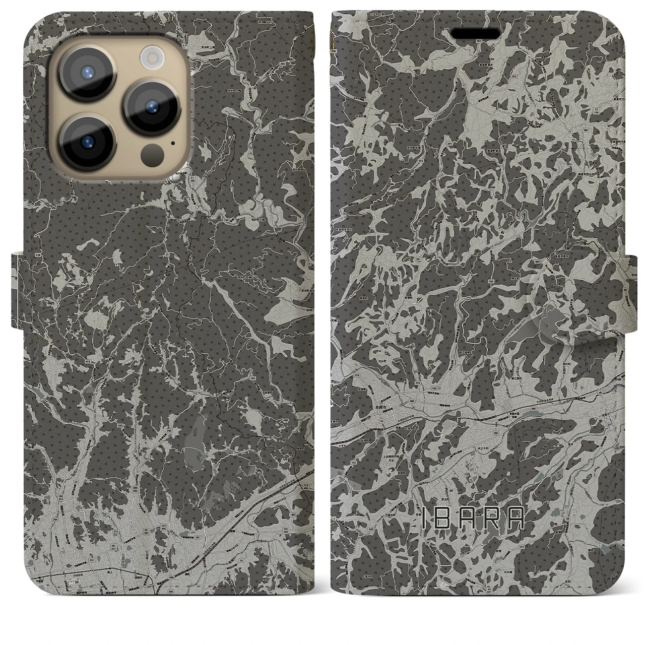 【井原(岡山県)】地図柄iPhoneケース(手帳タイプ)モノトーン・iPhone 14 Pro Max 用