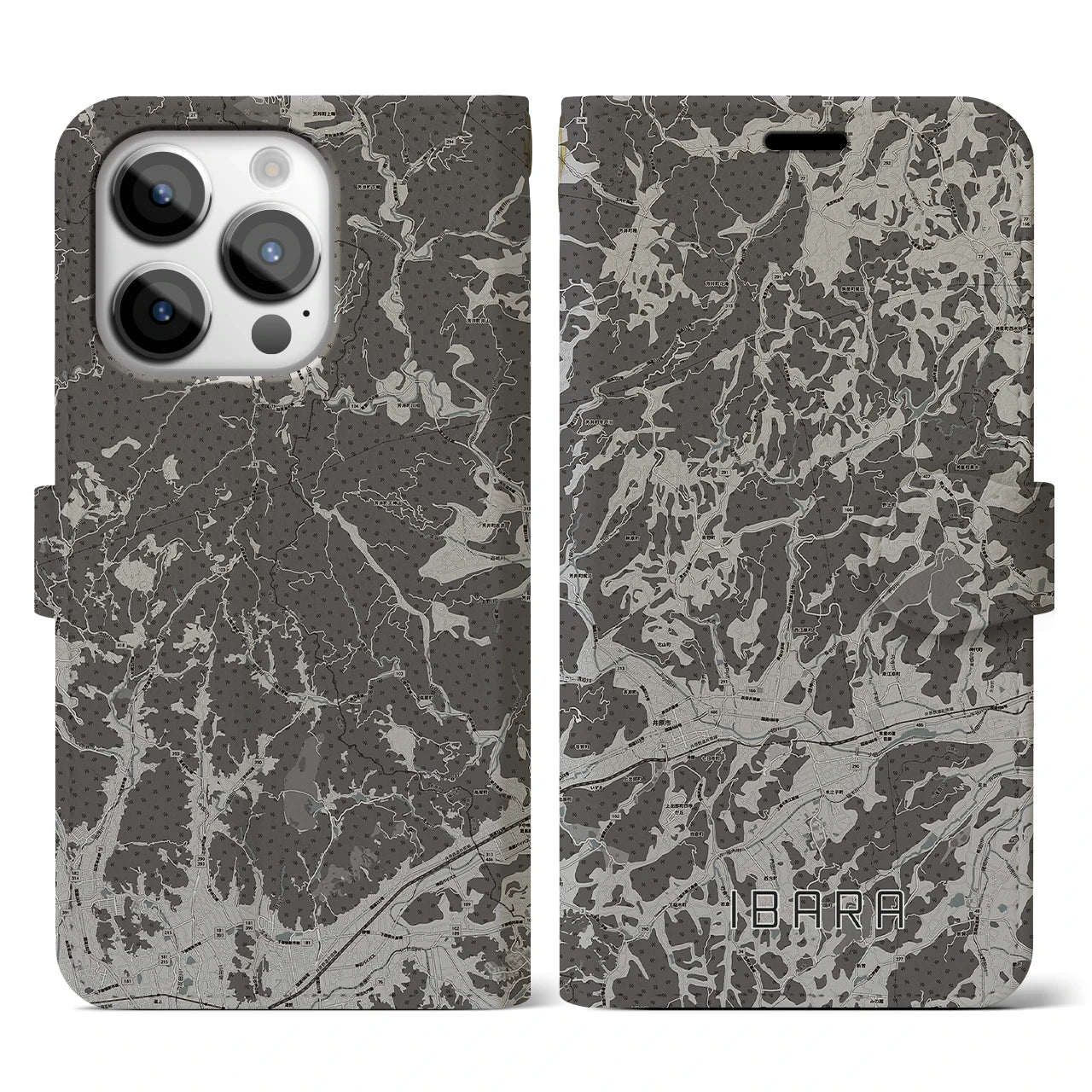 【井原(岡山県)】地図柄iPhoneケース(手帳タイプ)モノトーン・iPhone 14 Pro 用