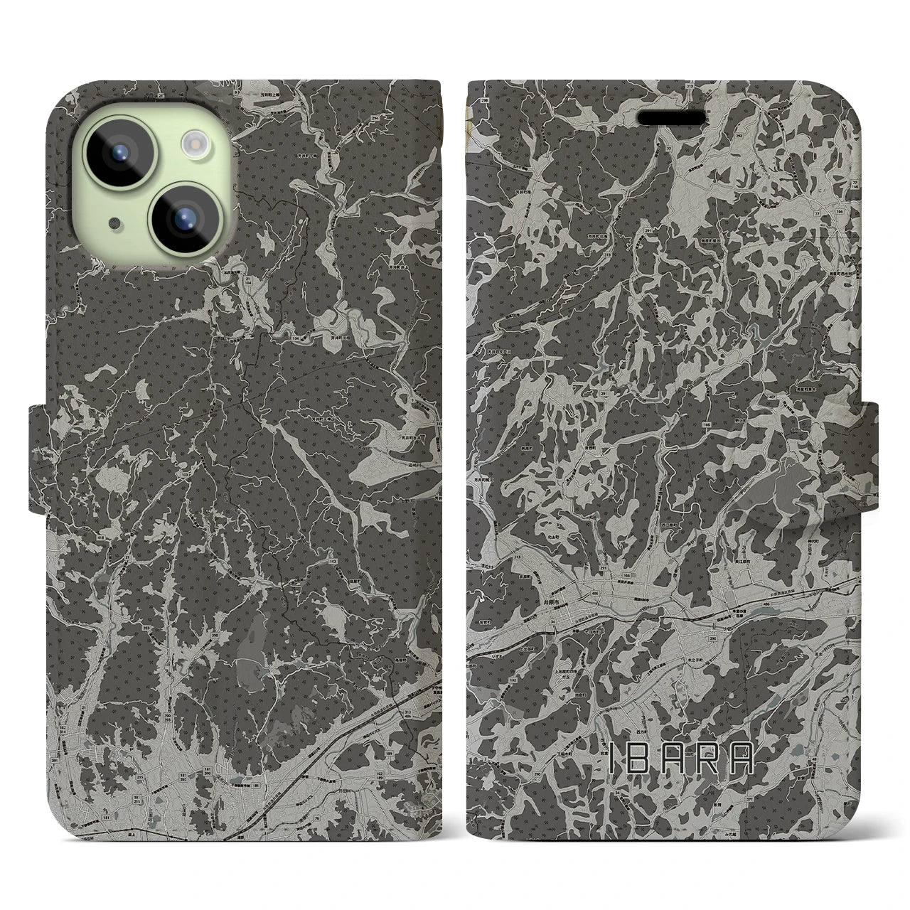 【井原(岡山県)】地図柄iPhoneケース(手帳タイプ)モノトーン・iPhone 15 用