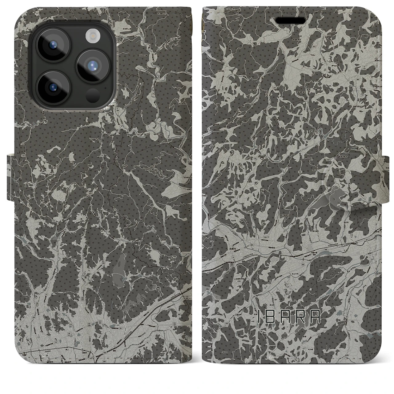 【井原(岡山県)】地図柄iPhoneケース(手帳タイプ)モノトーン・iPhone 15 Pro Max 用