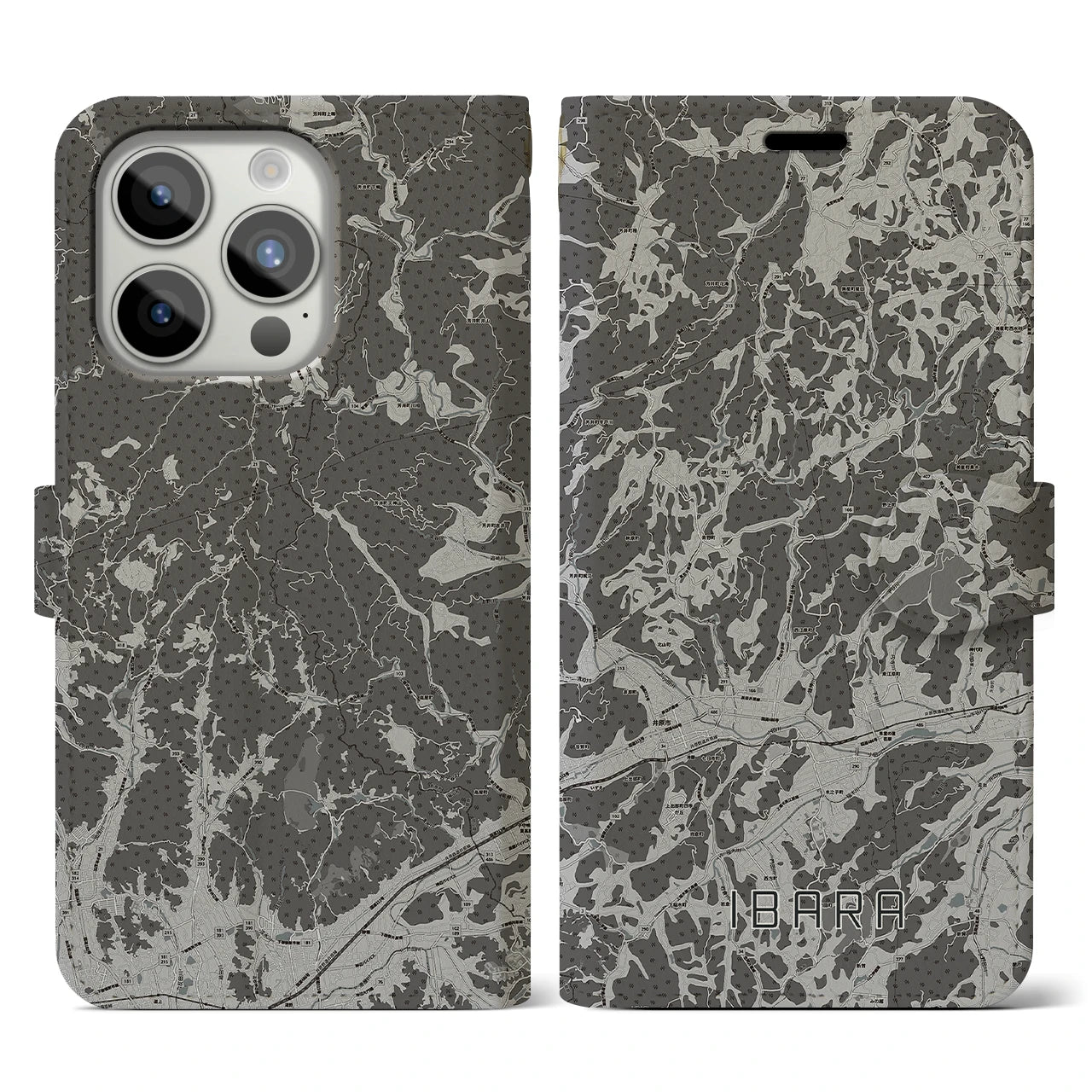 【井原(岡山県)】地図柄iPhoneケース(手帳タイプ)モノトーン・iPhone 15 Pro 用