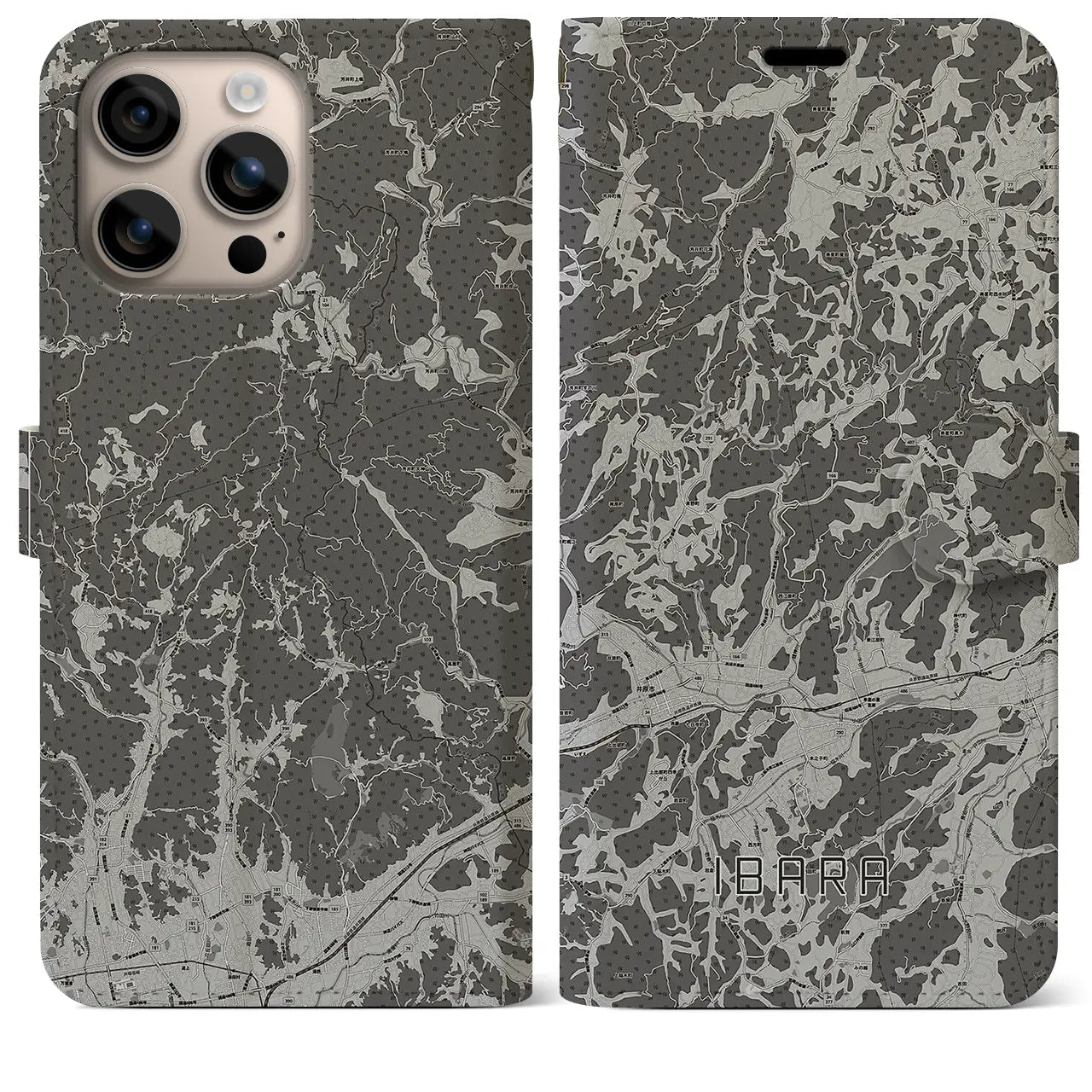 【井原(岡山県)】地図柄iPhoneケース(手帳タイプ)モノトーン・iPhone 16 Plus 用