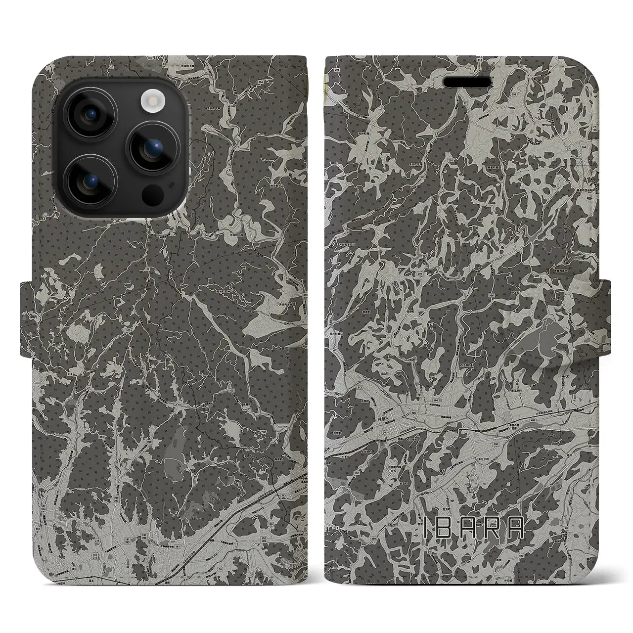 【井原(岡山県)】地図柄iPhoneケース(手帳タイプ)モノトーン・iPhone 16 用