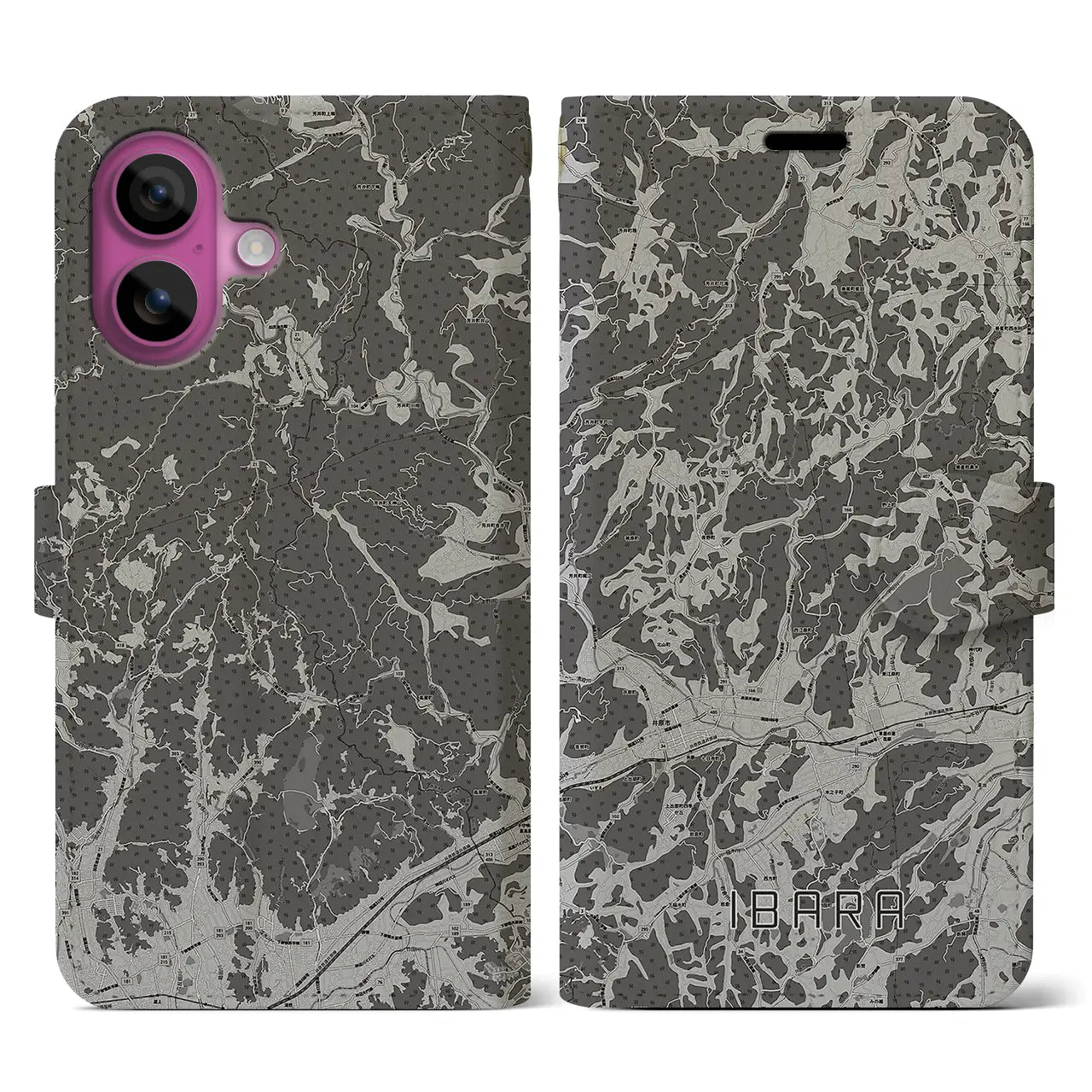 【井原(岡山県)】地図柄iPhoneケース(手帳タイプ)モノトーン・iPhone 16 Pro 用