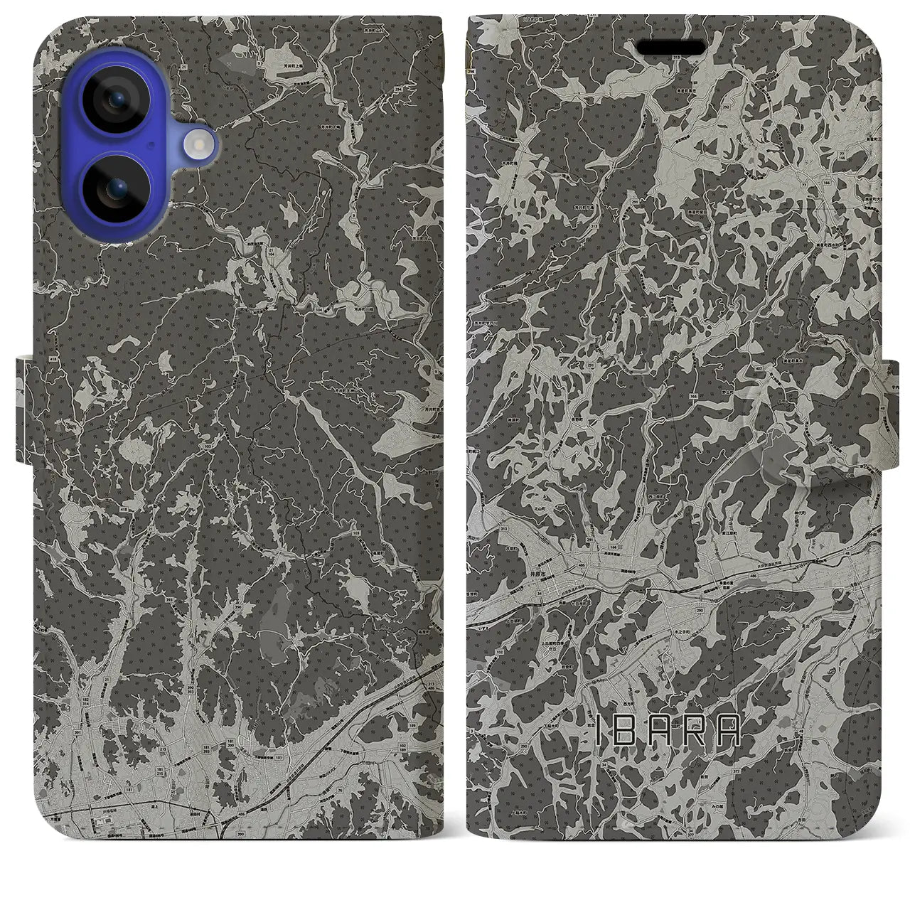 【井原(岡山県)】地図柄iPhoneケース(手帳タイプ)モノトーン・iPhone 16 Pro Max 用