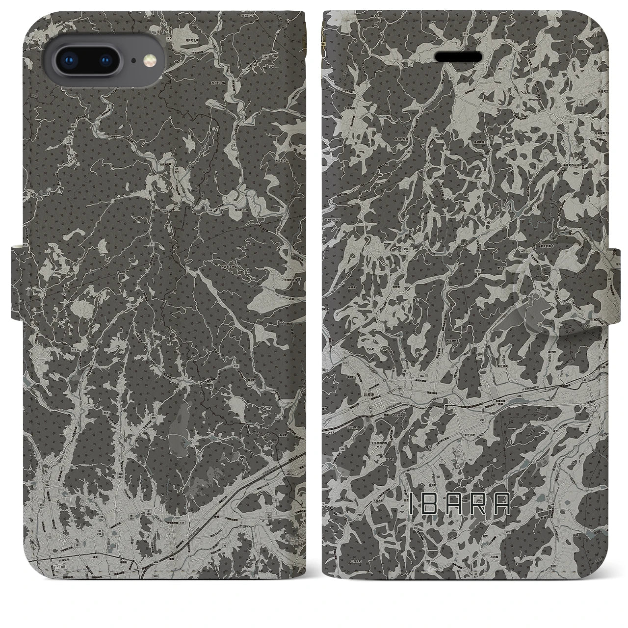 【井原(岡山県)】地図柄iPhoneケース(手帳タイプ)モノトーン・iPhone 8Plus /7Plus / 6sPlus / 6Plus 用