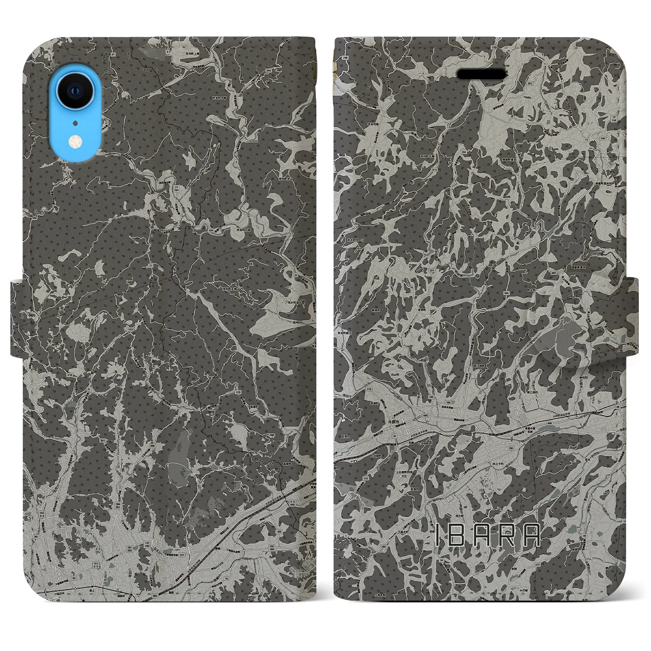 【井原(岡山県)】地図柄iPhoneケース(手帳タイプ)モノトーン・iPhone XR 用