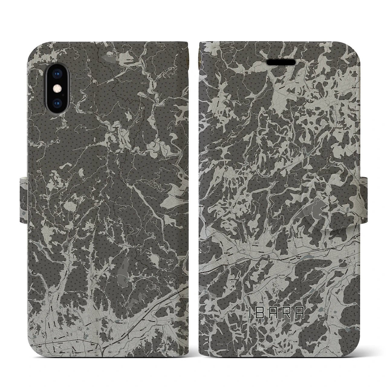 【井原(岡山県)】地図柄iPhoneケース(手帳タイプ)モノトーン・iPhone XS / X 用