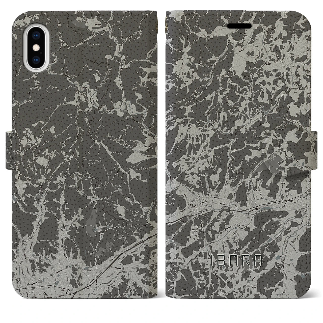 【井原(岡山県)】地図柄iPhoneケース(手帳タイプ)モノトーン・iPhone XS Max 用