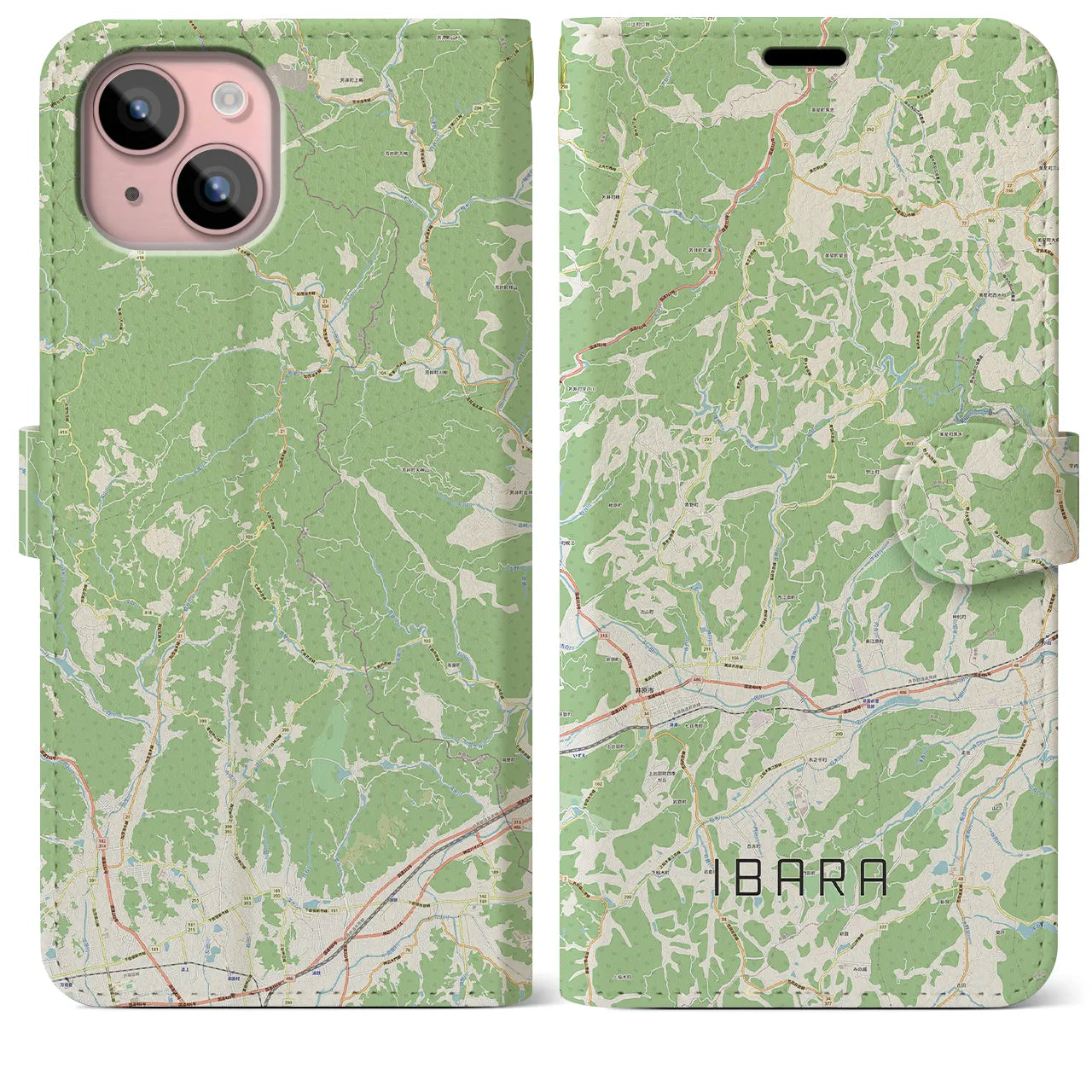 【井原(岡山県)】地図柄iPhoneケース(手帳タイプ)ナチュラル・iPhone 15 Plus 用