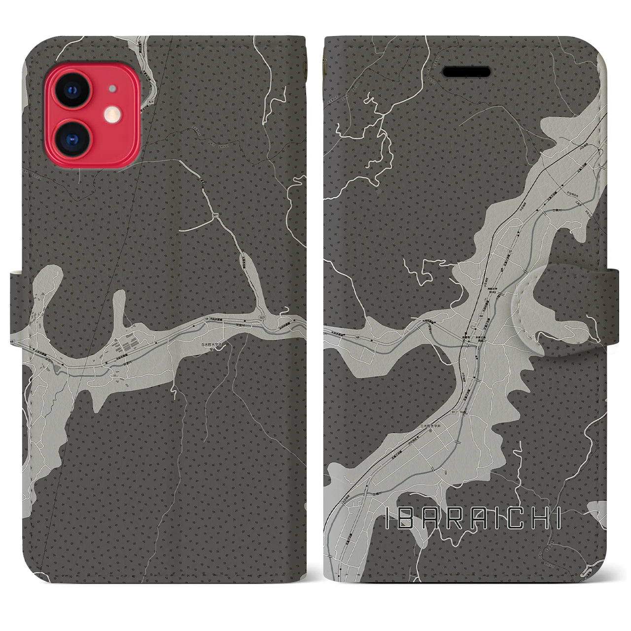 【井原市(広島県)】地図柄iPhoneケース(手帳タイプ)モノトーン・iPhone 11 用
