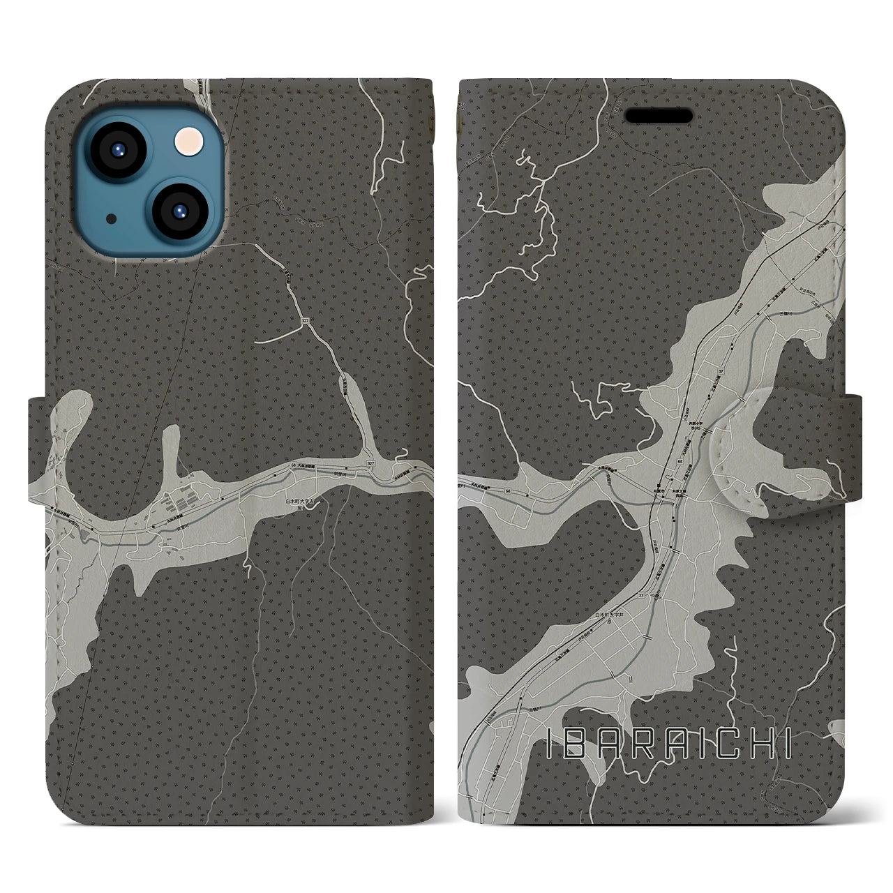 【井原市(広島県)】地図柄iPhoneケース(手帳タイプ)モノトーン・iPhone 13 用