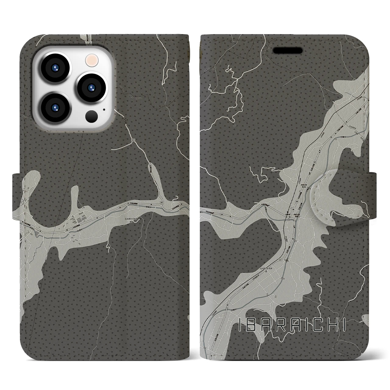 【井原市(広島県)】地図柄iPhoneケース(手帳タイプ)モノトーン・iPhone 13 Pro 用