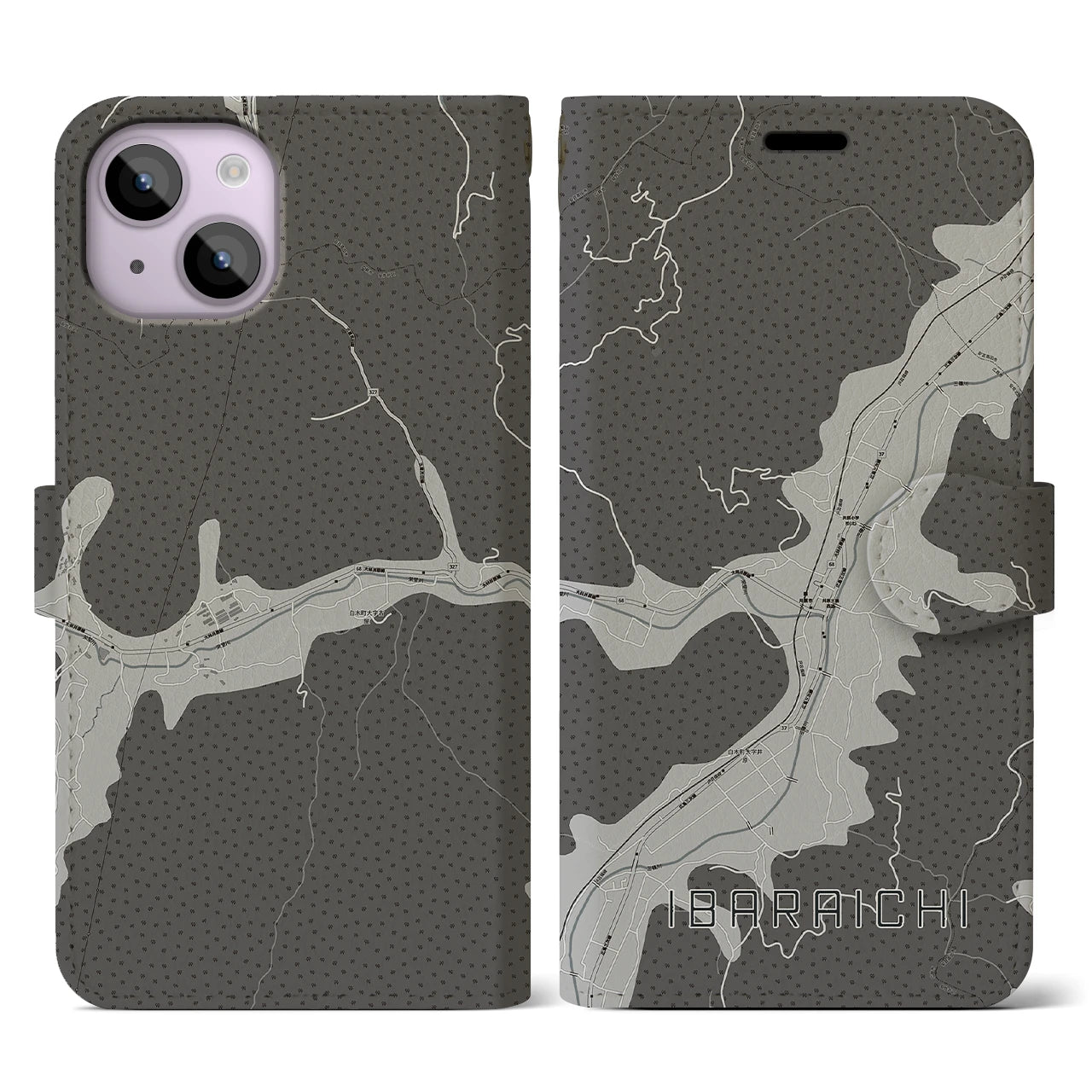 【井原市(広島県)】地図柄iPhoneケース(手帳タイプ)モノトーン・iPhone 14 用