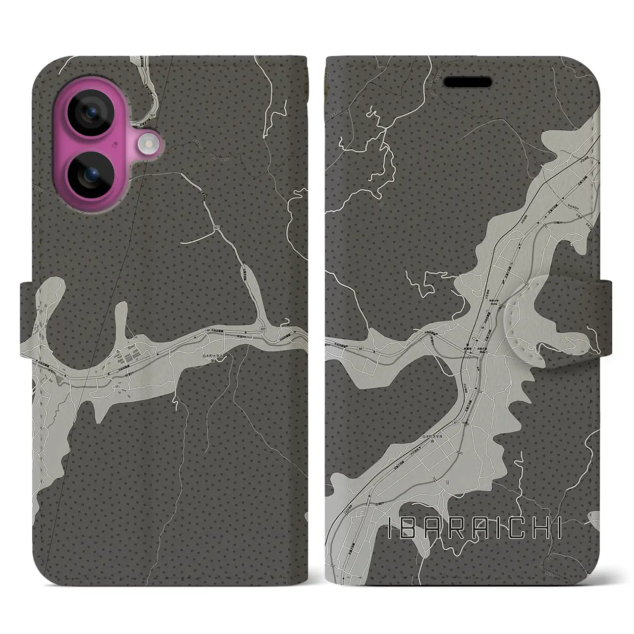 【井原市(広島県)】地図柄iPhoneケース(手帳タイプ)モノトーン・iPhone 16 Pro 用