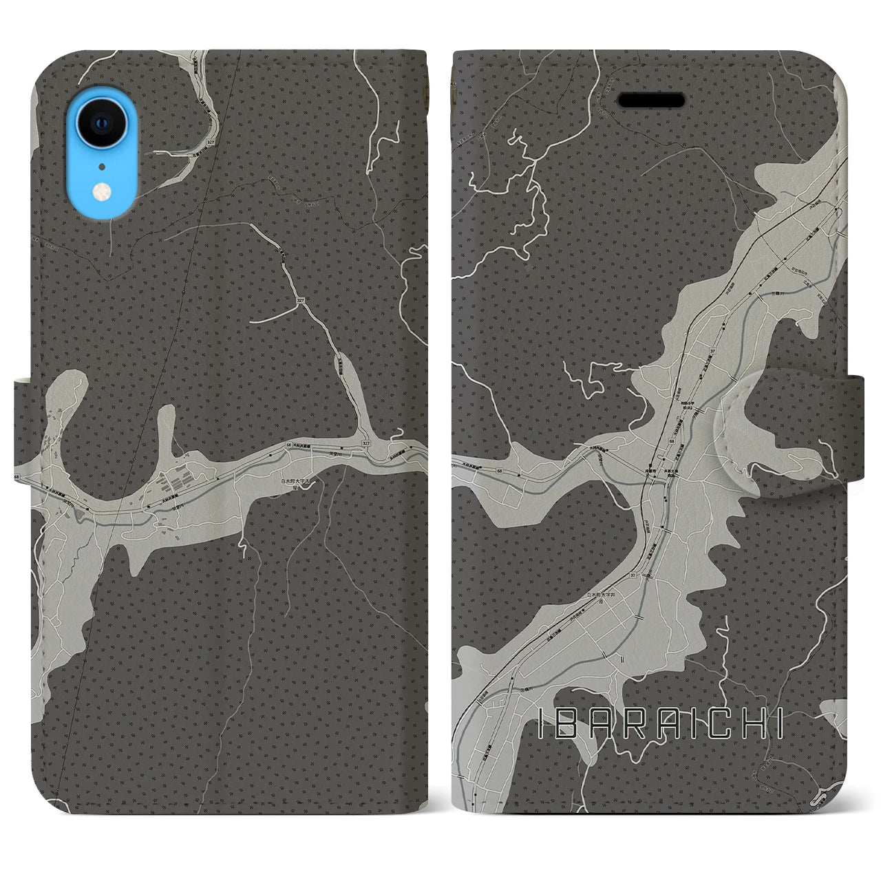 【井原市(広島県)】地図柄iPhoneケース(手帳タイプ)モノトーン・iPhone XR 用