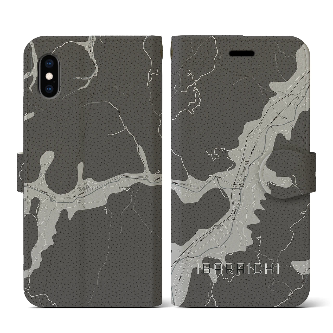 【井原市(広島県)】地図柄iPhoneケース(手帳タイプ)モノトーン・iPhone XS / X 用