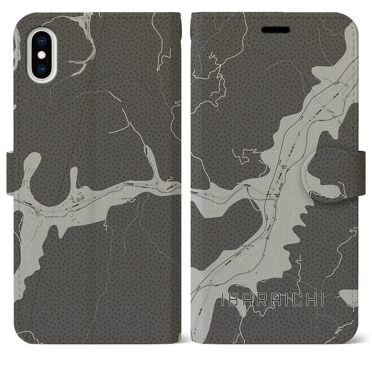 【井原市(広島県)】地図柄iPhoneケース(手帳タイプ)モノトーン・iPhone XS Max 用